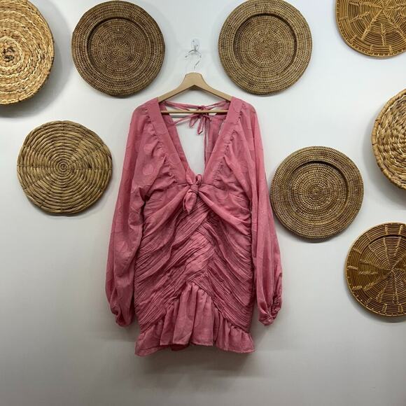 ASOS Design Curve Pink Long Sleeve Ruffle Tie Front Ruched Mini Dress 12 - Picture 2 of 8